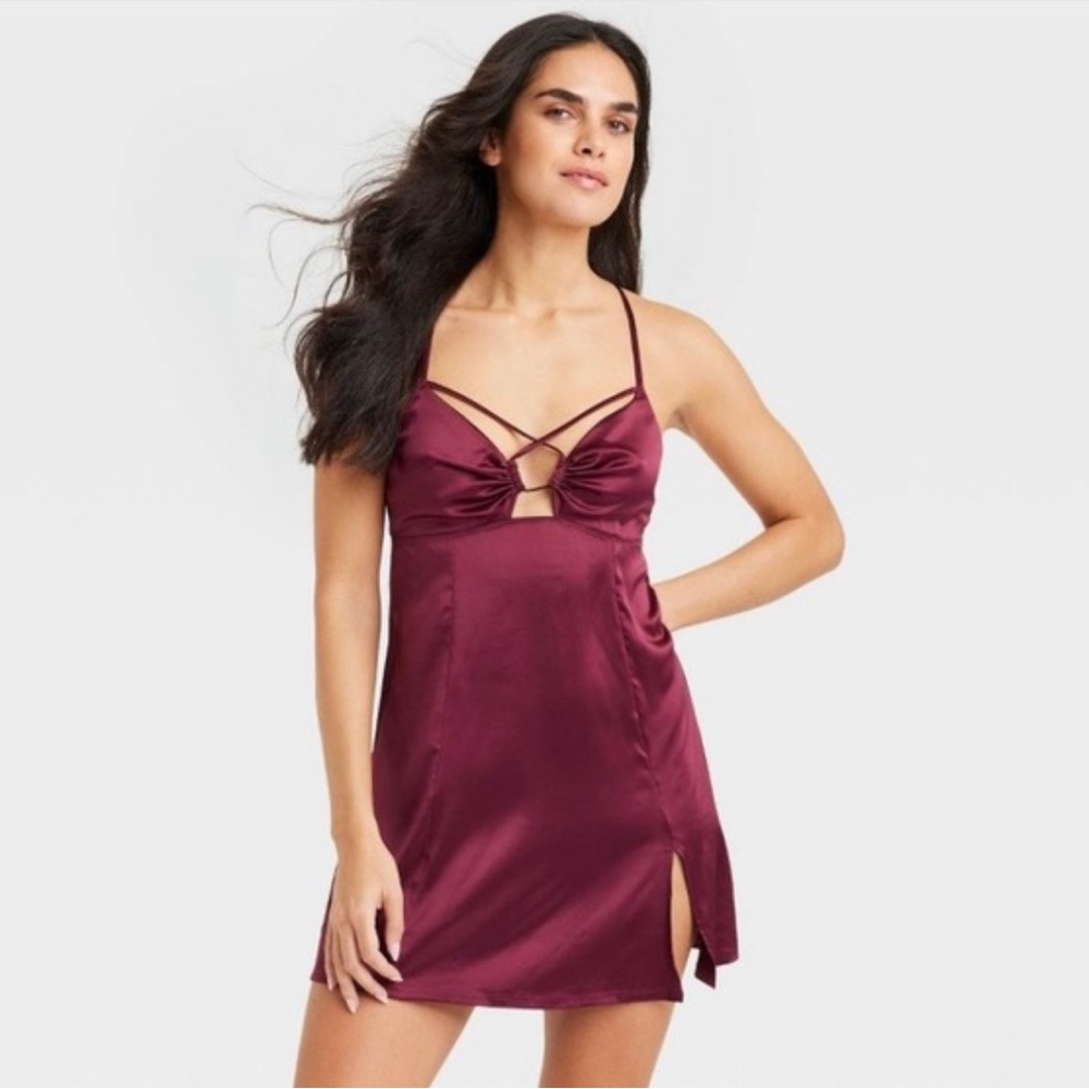 Auden Satin Babydoll Lingerie Slip Dress Women's Size Large Strappy Burgundy